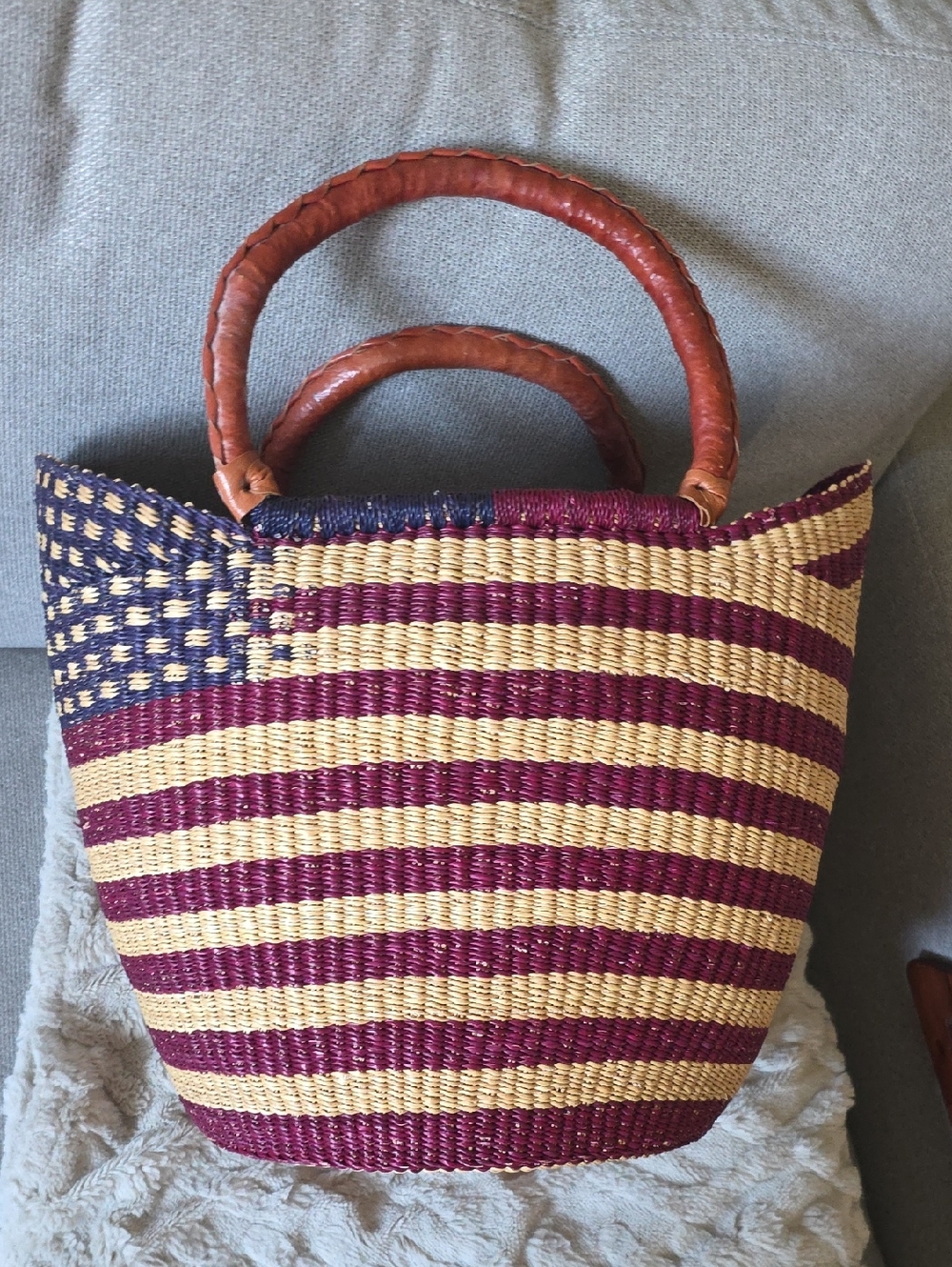 Large Handwoven U.S. Flag Straw Shopping Basket Farmer's Market